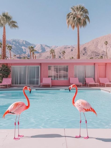 Transport yourself to a sun-drenched oasis where desert beauty meets poolside leisure. This artistic creation celebrates the whimsical charm of Palm Springs, with two elegant flamingos standing poised beside a crystal-clear pool. Set against a stunning backdrop of pink mid-century modern architecture and towering palm trees, this scene captures the essence of retro desert bliss. The distant mountains, bathed in the warm desert glow, frame the serene composition, making it the perfect blend of vintage chic and contemporary art.  A pink hue throughout the piece will tie in to other pink decor in your space! Ideal for lovers of desert landscapes, poolside nostalgia, and mid-century modern aesthetics, this art print infuses any space with a splash of color and playful elegance. Whether you cho The Saguaro Palm Springs, Palm Springs 80s Aesthetic, Retro Palm Springs Aesthetic, Desert Oasis Aesthetic, Vintage Palm Springs Aesthetic, Vintage Desert Aesthetic, Palm Springs Landscape, Palm Springs Bach, Mid Century Pool