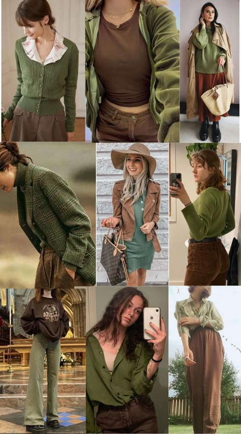 Brown-Go-With-Green-Clothes Color Combination With Olive Green, Olive Color Matching, Colour Combination With Olive Green, Fashion Color Matching, Brown And Dark Green Outfit, Moss Green Outfit Color Combos, Brown With Green Outfits, Colours That Go Together Fashion, Fall Colours Outfit