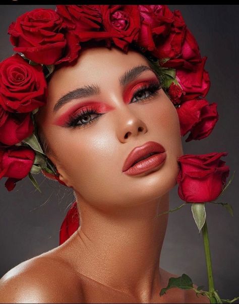 Red Rose Makeup, Valentines Day Makeup Creative, High Fashion Makeup Editorial, Vogue Makeup, Flower Makeup, High Fashion Makeup, Yearbook Quotes, Halloween Makeup Inspiration, Red Makeup