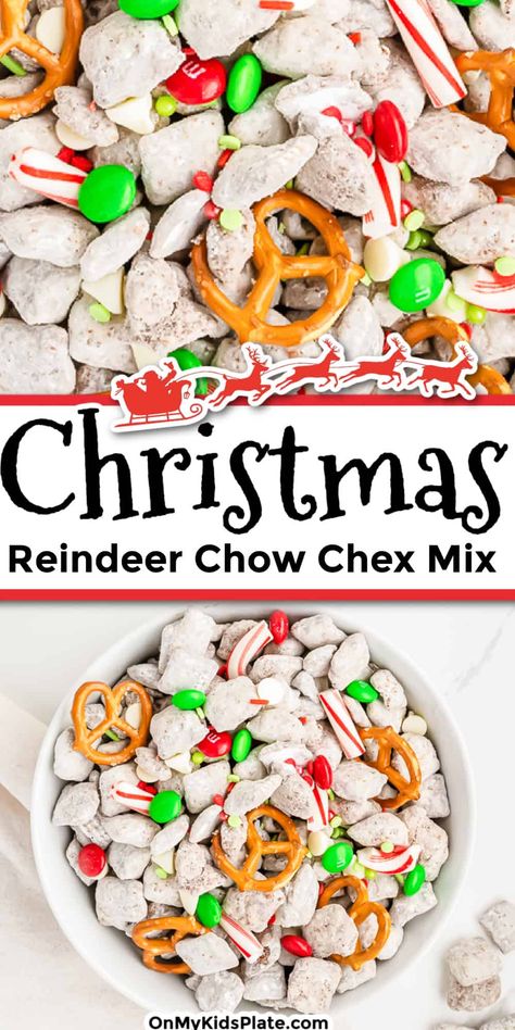 Christmas Reindeer Chex Mix close up zoomed in and more in a bowl below with title text overlay. Christmas Muddy Buddies Recipe, Holiday Puppy Chow, Christmas Muddy Buddies, Christmas Puppy Chow, Reindeer Chow Recipe, Puppy Chow Christmas, Christmas Snack Mix, Reindeer Chow, Christmas Candy Easy