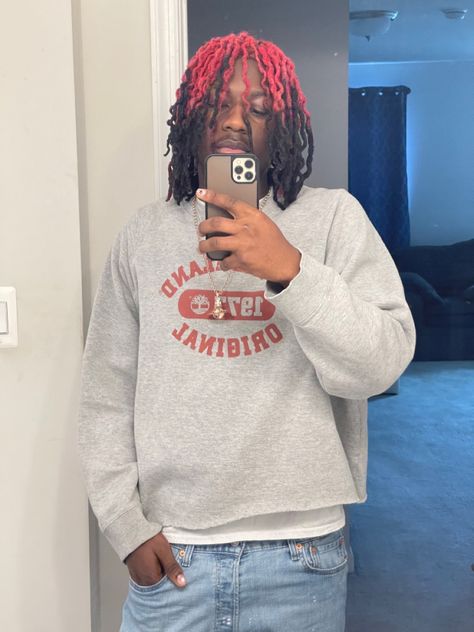 Reverse Ombre Locs Men, Red Dreads Men, Men Dyed Locs, Colored Locs Men, Dread Dye Ideas Men, Reverse Dyed Locs, Reverse Ombre Locs, Red And Blonde Locs, Dyed Locs Men