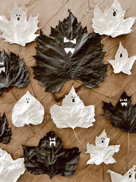 DIY Painted Fall Leaves - Halloween Ghost & Bat Leaves - Liz Marie Blog Diy Halloween Ghosts, Diy With Kids, Autumn Leaves Craft, Leaf Projects, Liz Marie, Liz Marie Blog, Leaf Painting, Leaf Crafts, Fall Halloween Decor