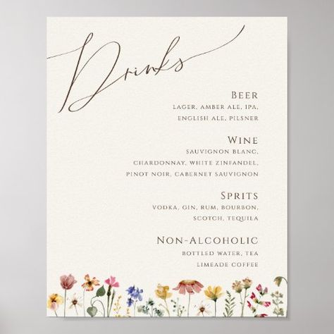 Wildflower Reception, Colorful Engagement Party, Wedding Bar Signage, Wedding Drink Menu Sign, Wildflower Wedding Theme, Wedding Drink Menu, Wedding Bar Menu Sign, Menu Poster, Alcohol Signs