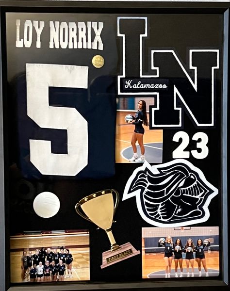 Varsity Volleyball Shadow Box #senior #varsity #graduation #seniorgift #volleyball Volleyball Shadow Box Ideas, Sports Shadow Boxes, Night Volleyball, Varsity Volleyball, Volleyball Senior Night, Framed Jersey, Senior Gifts, Senior Night, School Spirit