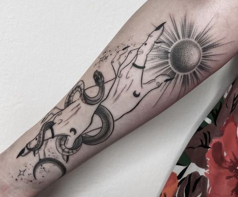 Witch Hands Tattoo, As Above So Below Tattoo, Long Black Nails, Hands Tattoo, Celestial Tattoo, Witch Hands, Traditional Tattoo Sleeve, Witch Tattoo, As Above So Below