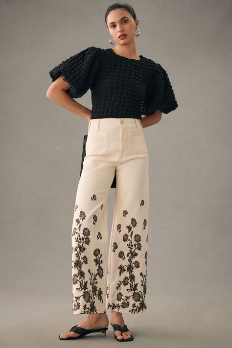 Sarah Gordon, Women Trousers Design, Casual Luxe, Fresh Dress, Cropped Wide Leg Jeans, Embroidered Pants, Cropped Wide Leg Pants, Summer Trends, Anthropology