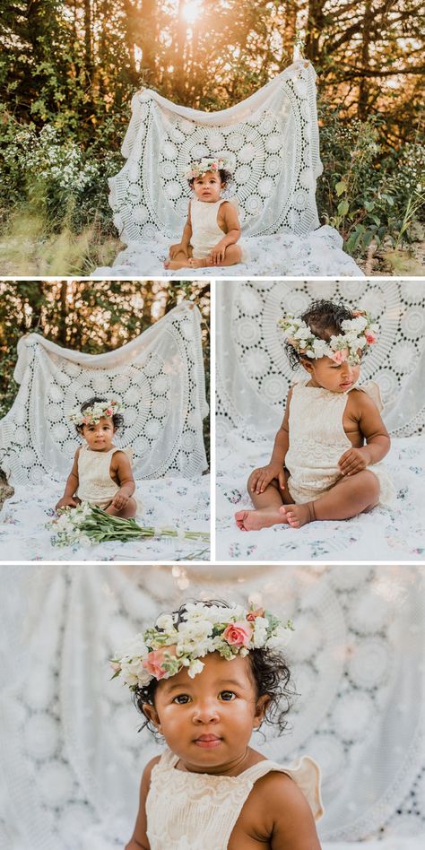 First Birthday Photo Session | Christina Freeman Photography (@christinafreemanphotos) | One year old birthday session | 1st birthday | custom made lace romper | floral crown | boho birthday shoot | white lace baby romper Yearly Birthday Pictures, Boho Birthday Shoot, Boho Baby Birthday Party Girl, Boho Half Birthday, Indoor 1 Year Photoshoot, One Year Old Photo Ideas, One Year Milestone Photos, Six Month Baby Photoshoot, Boho 1st Birthday Pictures