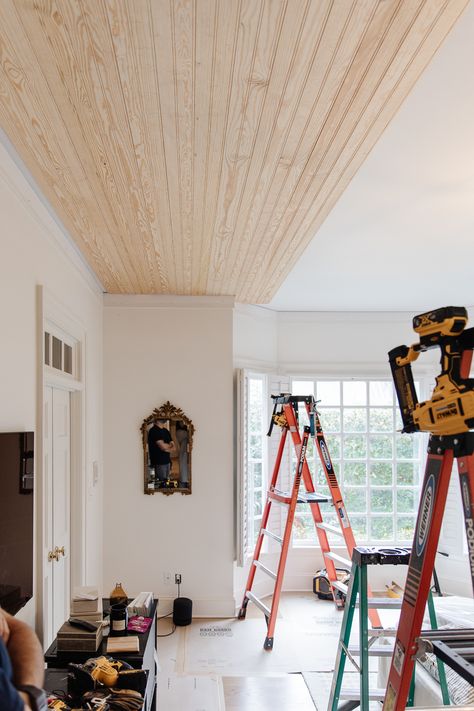 We added Beadboard to our Bedroom Ceiling! (Here's how!) - Chris Loves Julia How To Bead Board Ceiling, Pine Beadboard Ceiling, Bead Board Ceiling With Beams, Vaulted Ceiling With Beadboard, Beadboard Ceiling Dining Room, Beadboard Basement Ceiling, Beadboard Ceiling Stained, Painted Wood Panel Ceiling, Wood Panel On Ceiling