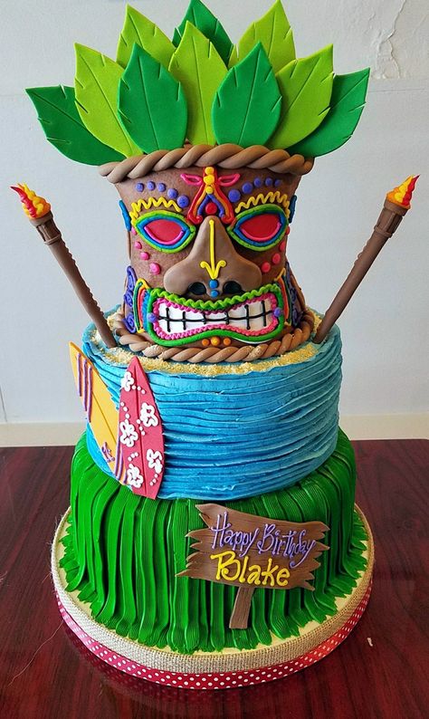 Luau Tiki Birthday Cake - Adrienne & Co. Bakery Hawaii Cakes Birthday, Luau Birthday Party Cake, Hawaiian Birthday Party Cake, Luau Theme Cake, Hawaiian Cakes, Hawaii Cake Ideas, Hawaii Birthday Cake Ideas, Hawaii Themed Birthday Cake, Hawaii Themed Cakes Hawaiian Birthday