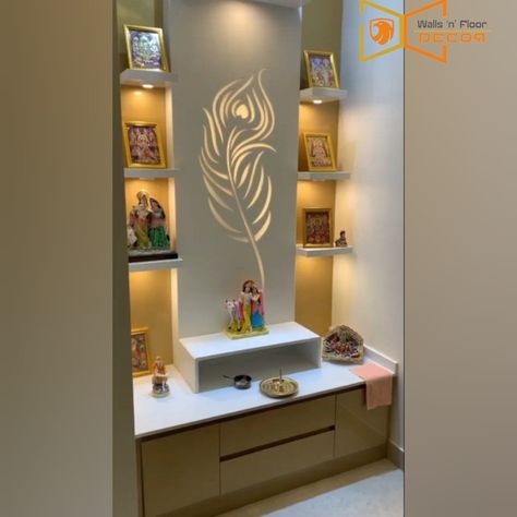 Modular Pooja Unit, Puja Unit Design On Wall, Wall Mounted Pooja Unit, Crockery Unit With Pooja Mandir, Pooja Unit Designs Modern, Pooja Room In Living Room, Pooja Unit Designs, Latest Pooja Room Designs, Small Pooja Unit