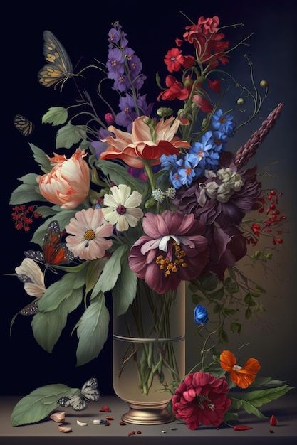 Flower still life bouquet in vintage vas... | Premium Photo #Freepik #photo #retro-illustration #watercolor-vintage #vintage-art #floral-art Still Life Bouquet, Vintage Flower Art, Photo Retro, Flower Still Life, Dutch Masters, Watercolor Vintage, Floral Still Life, Vintage Vase, Illustration Watercolor