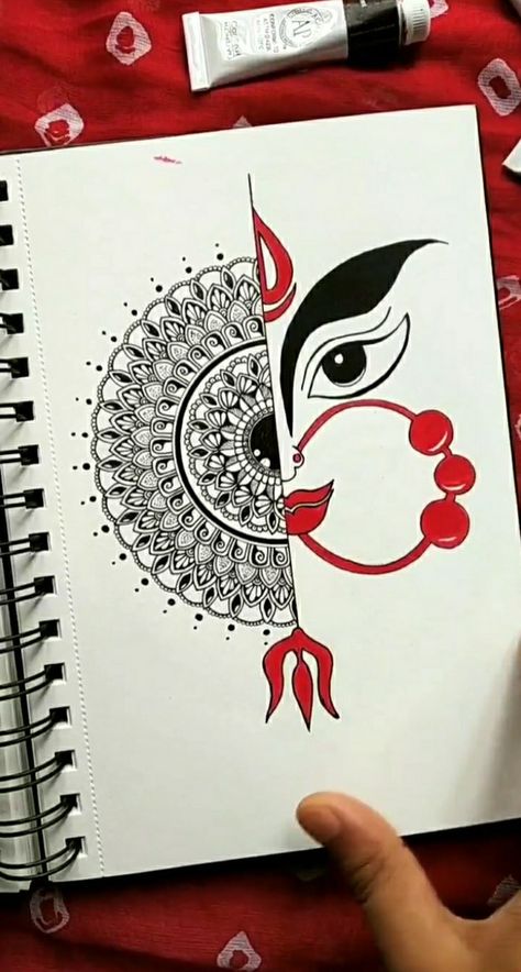 Navratri Spacial Drawing, Mandala Art For Navratri, Navratri Mandala Art Easy, Navaratri Mandala Art, Drawing For Navratri, Rangoli Designs On Paper, Navratri Mandala Art, Navratri Sketch, Navaratri Drawings