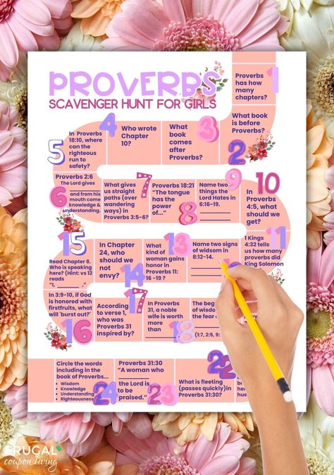 Printable Proverbs Scavenger Hunt Game - Fun Bible Activity for Women and GirlsLooking for a fun and engaging way to explore the Book of Proverbs with the women and girls in your life? Our Printable Proverbs Scavenger Hunt Game is the perfect solution! This unique digital download combines the excitement of a scavenger hunt with the wisdom of the Bible, making it an ideal resource for Sunday school, youth groups, homeschooling, lesson reviews, women's Bible studies, and more!What's Included: A b Bible Study Activities For Women, Women Of The Bible Study, Bible Scavenger Hunt, Christian Games, Bible Study Activities, The Book Of Proverbs, Icebreaker Games, Marriage Bible Verses, Scavenger Hunt Printable