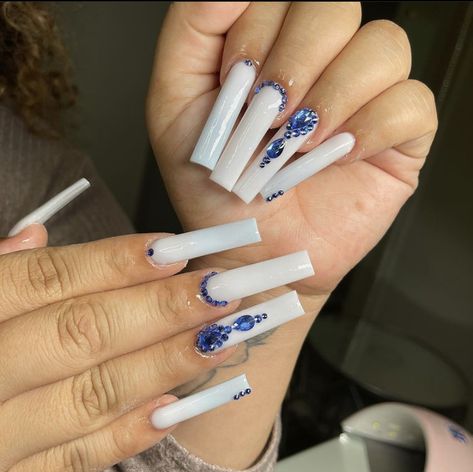 Long White Nail Ideas, White And Blue Acrylics, White Nails Diamonds, Lifted Eyebrows, Gems On Nails, Long White Acrylic Nails, White Long Nails, Long White Nails, Quinceanera Nails