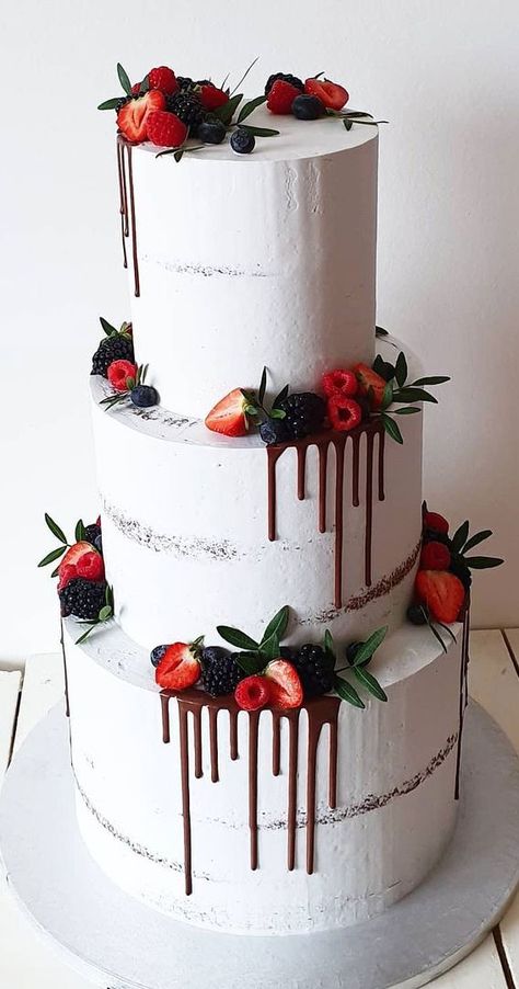 Simple Chocolate Wedding Cake, 2 Tier Drip Cake, Chocolate Drip Wedding Cake, Wedding Cakes With Berries, Wedding Drip Cake, Nude Wedding Cake, Wedding Cakes Chocolate, Wedding Cake With Berries And Flowers, Wedding Cake Berries