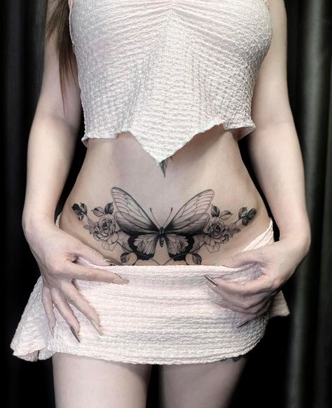 Tattoo Papillon, Lower Belly Tattoos, Small Belly, Tummy Tattoo, Stomach Tattoos Women, Tattoos To Cover Scars, Waist Tattoos, Feminine Face, Belly Tattoos