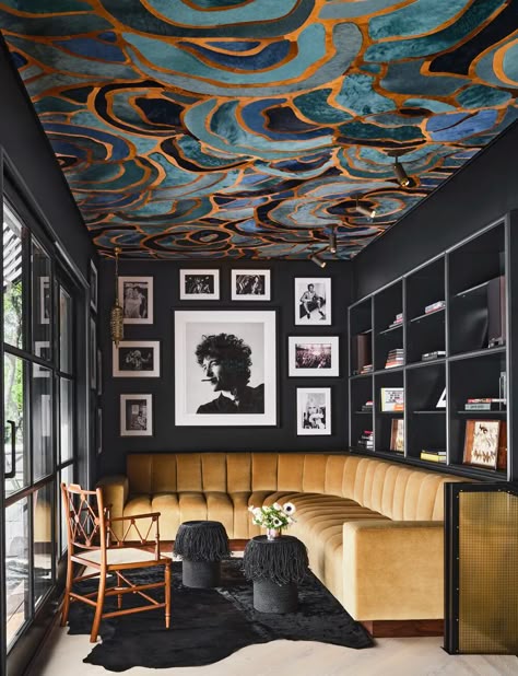 Heads Up! Wallpapered and Painted Ceilings Are Trending, as These 14 Rooms Dramatically Reveal  | The Study Dark Room Wallpaper Ceiling, Ceiling Wallpaper Ideas Living Room, Wallpaper On Ceiling, Accent Wall Living Room, Painted Ceilings, No Time Like The Present, Ceiling Painting, Ceiling Wallpaper, Wallpaper Ceiling