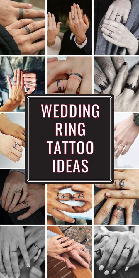 Find Wedding Ring Tattoo Ideas that reflect your unique style. With options for both men and women, these tattoos range from simple small designs to intricate Celtic patterns. Ideal for couples, explore beautiful options featuring initials and white ink to make your wedding rings truly special. Infinity Wedding Band Tattoo, Infinity Ring Tattoo Designs, Tattoos Instead Of Wedding Rings, Nordic Ring Tattoo, Matching Wedding Tattoos Fingers, Couples Wedding Tattoos, Simple Husband And Wife Tattoos, Male Wedding Band Tattoo, Matching Wedding Band Tattoos