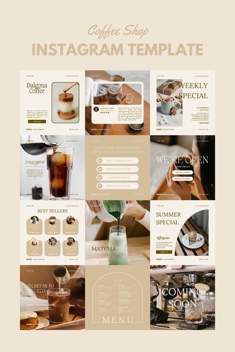 Elevate your coffee shop's Instagram presence with our 2025-ready templates.  These professionally designed templates are perfect for showcasing your delicious drinks, cozy atmosphere, and mouthwatering treats.  Gain more followers, increase engagement, and drive sales with visually stunning content.  Download now and start creating captivating Instagram posts that will make your cafe stand out from the crowd.  Get ahead of the curve and embrace the future of coffee shop social media m Coffee Shop Instagram Feed, Shop Instagram Feed, Coffee Instagram Post, Cafe Social Media, Coffee Shop Marketing, Coffee Shop Instagram, Instagram Post Design Ideas, Post Design Ideas, Reels Cover