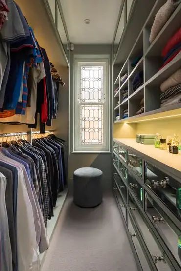 19 Wonderful Walk-In Closet Ideas (Photo Gallery) – Home Awakening Narrow Bedroom Closet, Long Narrow Closet, Unfinished Ceiling, Narrow Closet Organization, Bedroom Closet Organization Ideas, Small Walkin Closet, Narrow Walk In Closet, Basement Unfinished, Narrow Closet Design