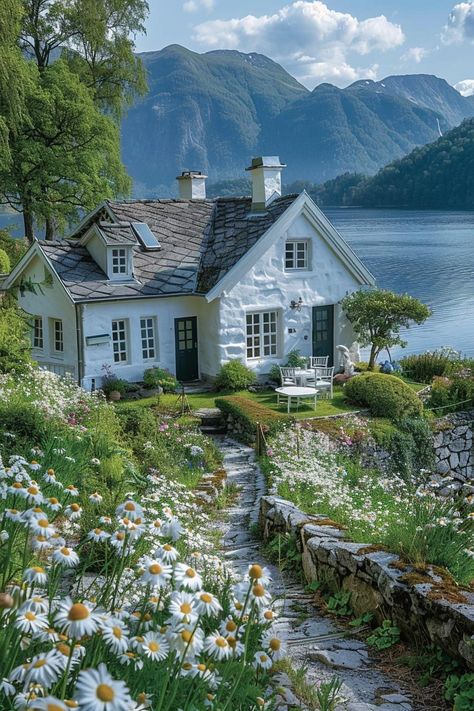 The Holiday Cottage Aesthetic, Coastal Grandma House Exterior, Pretty House In The Woods, Home In Countryside, Cottage Home Front Yard, Cosy Summer House, Peaceful House Nature, Water Front Home, Small House In The Country