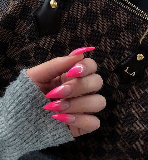 Neon Pink Stiletto Nails, Neon Pink Ombre Nails, Pink Stiletto Nails, Neon Pink Nails, Neon Nail Polish, Pointy Nails, Pink Ombre Nails, Bright Nails, Almond Acrylic Nails