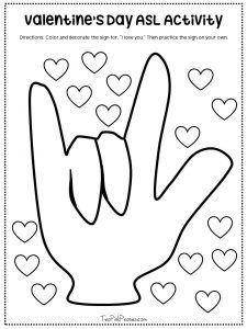 Valentine's Day ASL Activity {with free printable coloring page} Asl Colors, Sign Language Colors, Preschool Valentines Activities, Sign Language Lessons, Preschool Language, I Love You Signs, Valentine Coloring Pages, Asl Signs, Preschool Valentines