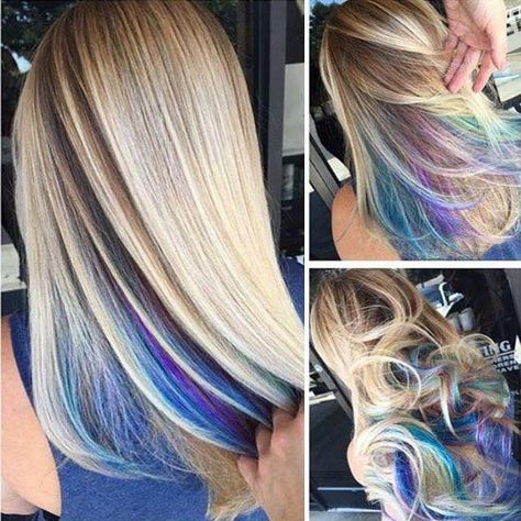 Hidden multi colored layer on bottom of hair. Hidden Rainbow Hair, Unicorn Hair Color, Underlights Hair, Unicorn Hair, Hair Color And Cut, Colored Hair, Mermaid Hair, Roots Hair, Rainbow Hair