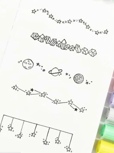 Doodle Dividers Aesthetic, Space Notes Aesthetic, Space Border Designs For Projects, Space Border Design, Notes Doodle Ideas, Space Divider Ideas, Doodles To Fill Space, Page Fillers Doodle, Aesthetic Doodles For Journal