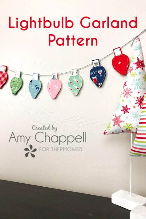 Christmas Fabric Garland With Lights, In The Hoop Christmas Projects, Simple Easter Sewing Projects, Fabric Ornaments Diy Free Pattern, Easy Sewing Christmas Projects, Fabric Garland Christmas, Sewn Decorations, Fabric Garland Diy, Christmas Light Garland