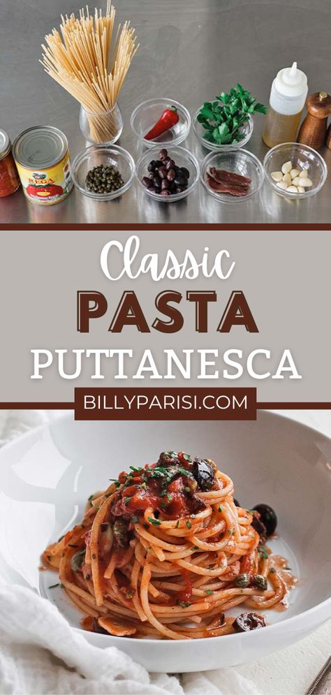 Pasta With Anchovies And Tomatoes, Pasta With Anchovies And Capers, Italian Anchovy Recipes, Seafood Puttanesca Recipe, Puttenesca Recipes Pasta Dishes, Shrimp Puttanesca Recipe, Anchovy Pasta Recipes, Bobby Flay Anchovy Pasta, Puttanesca Sauce Traditional