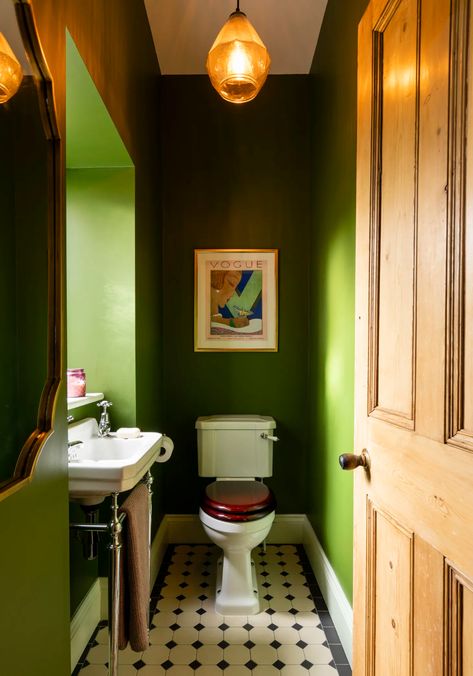 Small Tiled Toilet Room, Traditional Downstairs Toilet, Colorful Toilet Room, Jewel Beetle Little Greene, Green Cloakroom Toilet, Toilet Paint Ideas, Edwardian Cloakroom, Edwardian Range, Colorful Toilet