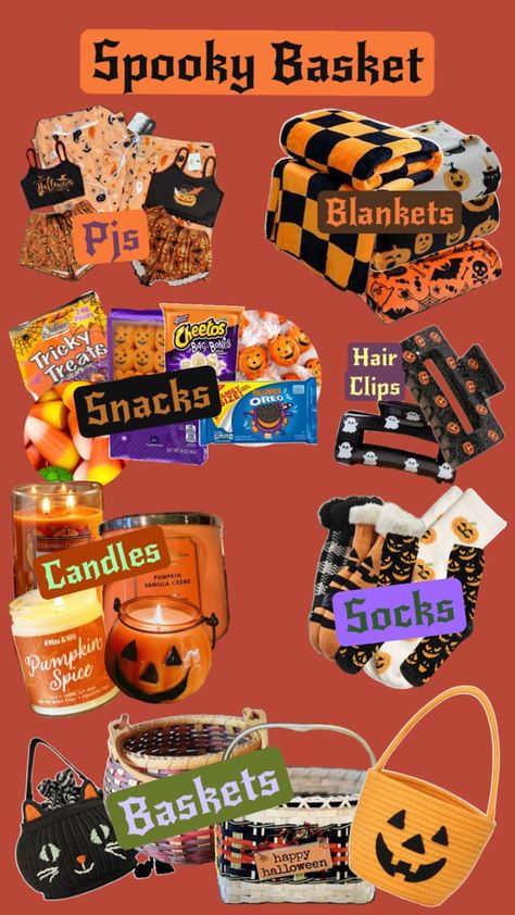 Cozy basket for those cold Spooky nights (PJs,Blankets,Snacks,Candles, Hair clips,Socks) Oreo Snacks, Halloween Treat Baskets, Halloween Things To Do, Diy Halloween Gifts, Spooky Basket, Halloween Sleepover, Aesthetic Amazon, Spooky Halloween Gifts, Fall Gift Baskets