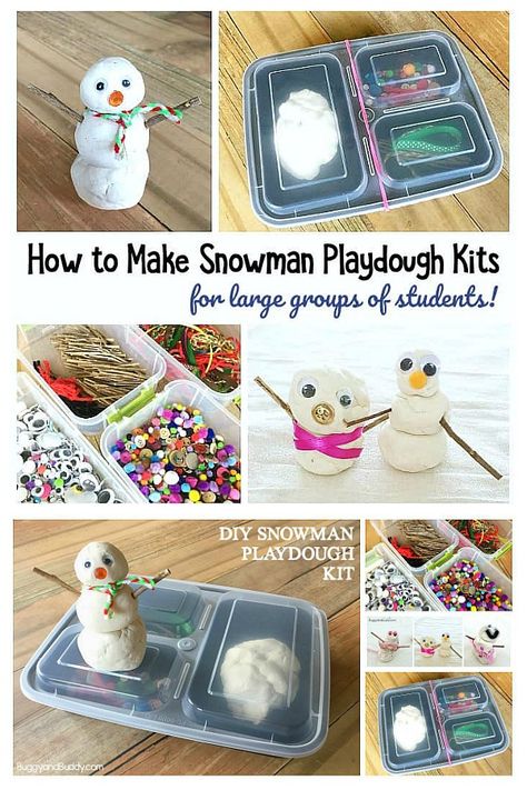 Winter Sensory Activity for Kids: Make a playdough snowman kit! Kids can make snowmen out of play dough and loose parts. Turn it into gifts for large groups of students or a homemade gift for a birthday or winter party! #buggyandbuddy #sensoryplay #winterplay #winteractivity #homemadeplaydough #preschool #kindergarten #ece #snowman #snowmanplay #snowmanactivity Make Your Own Snowman Kit, Winter Class Party Crafts, Preschool Winter Games, Winter Party Crafts For 1st Grade, Classroom Birthday Activities, 1st Grade Winter Party Ideas, School Winter Party Ideas Elementary, Kindergarten Winter Party Ideas, Winter Indoor Activities For Kids