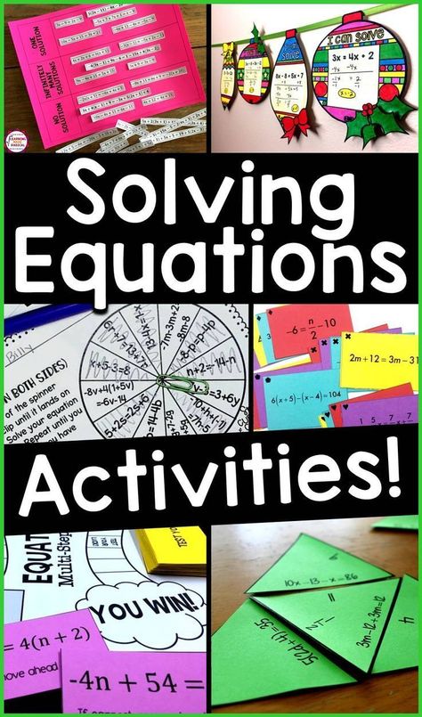 Here is a roundup of some of my favorite Algebra activities for solving one step equations, two step equations and multi step equations with variables on both sides. Activities include games, puzzles, sum em activities, spin to win activities, coloring activities, task cards, math pennants, identify the error analysis, flippables for an interactive notebook, cut and paste activities, scavenger hunts. #algebra #algebraactivities #solvingequations Two Step Equations Activities, Solving Equations Project, Math Pennants, Solving One Step Equations, Algebra Games, Solving Multi Step Equations, Error Analysis, Solving Linear Equations, Multi Step Equations