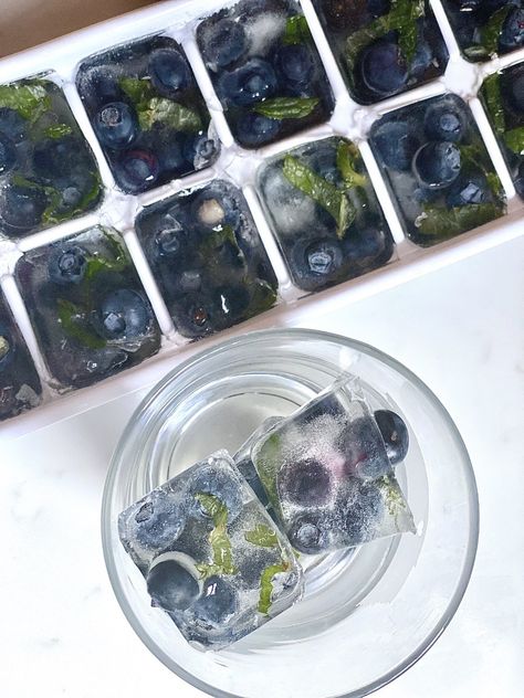 Blue Flower Ice Cubes, Blueberry Mint Ice Cubes, Blueberry Mint Water, First Birthday Blueberry Theme, Different Ice Cubes, Blueberry Ice Cubes, Blueberry Party Favors, Fruit Infused Ice Cubes, Something Blue Bridal Shower Ideas Food