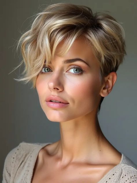 Beige Blonde Pixie, Dark Blonde Pixie, Short Fall Hair Color Ideas, Women’s Short Hair, Medium Pixie Cut, Short Pixie Cuts For Women, Honey Blonde Pixie Cut, Faux Hawk Pixie, Pixie Balayage