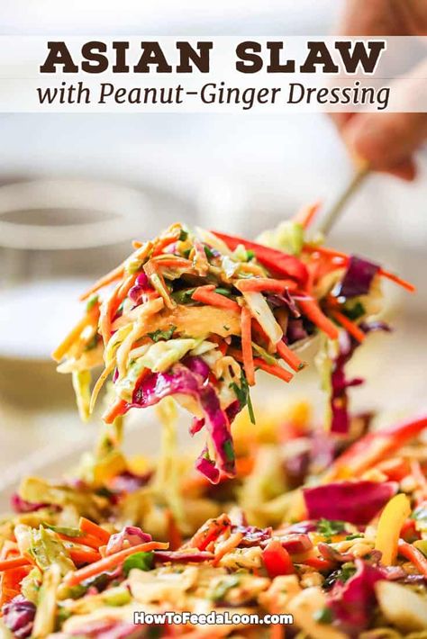 Asian Slaw with Peanut-Ginger Dressing is truly one of those side dishes that is bursting with fantastic taste and is gorgeous on the table. Get the complete recipe with ALL-NEW VIDEO on the blog! Thai Slaw With Peanut Dressing, Peanut Slaw Recipe, Ginger Slaw, Peanut Ginger Dressing, Asian Slaw Recipe, Chicken And Cabbage, Asian Slaw, Peanut Dressing, Ginger Dressing