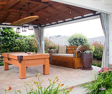 Outdoor Game Room?! NO WAY!!! There are weatherproof pool tables? Who knew? Outdoor Game Room, Outdoor Pool Table, California Backyard, Family Backyard, Canopy Architecture, Backyard Canopy, Cheap Backyard, Garden Canopy, Diy Canopy