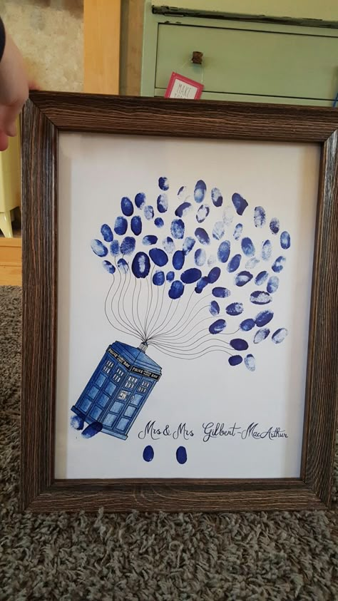 Doctor who tardis fingerprint balloon guest book Dr Who Themed Wedding, Doctor Who Wedding Ideas, Dr Who Wedding Ideas, Doctor Who Themed Wedding, Doctor Who Wedding Theme, Time Wedding Theme, About Time Wedding, Wedding Guest Book Fingerprint, Wedding Flower Arrangements Pink