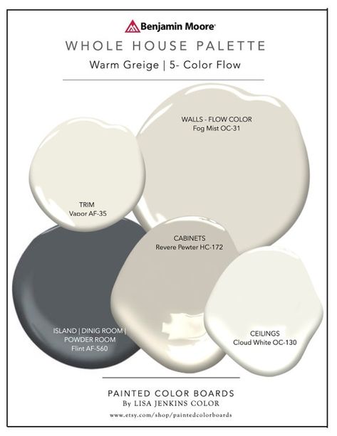 WARM GREIGE Whole House Paint Palette SET of 5 Painted - Etsy Whole House Palette, Neutral Paint Palette, Dove Wing, Greige Paint, Grey Owl, Color Boards, Open Concept Home, House Color Palettes, Revere Pewter