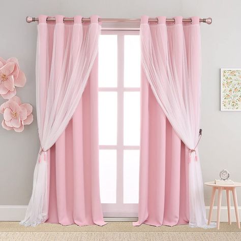 Amazon.com: SOFJAGETQ Pink Curtains 84 inch Length - Double Layers Blackout and Sheer with Lace Hem Window Curtains & Draperies Panels for Kids/ Girls Bedroom Living Room Nursery, Lght Pink, 2 PCs : Home & Kitchen Double Curtains Living Room, Light Pink Room, Havenly Office, Baby Pink Curtains, Pink Bedroom Curtains, Bedroom Window Curtains, Princess Curtains, Ajmal Khan, Girl Curtains