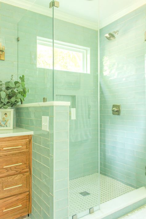 Seafoam Green Blue Subway Tiles in Walk In Shower Seafoam Green Bathroom, Aqua Tiles, Beach Style Bathroom, Green Tile Bathroom, Add A Bathroom, Green Accent Walls, Bathroom Addition, Bathroom Shower Walls, Master Bath Remodel