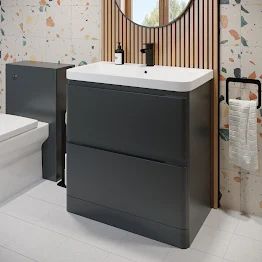 Bath Wallpaper, Grey Vanity Unit, Grey Vanity, Grey Bathroom Furniture, Aesthetic Bath, Bath Aesthetic, Remodeling Bathroom, Bathroom Vanity Unit, Sink Vanity Unit