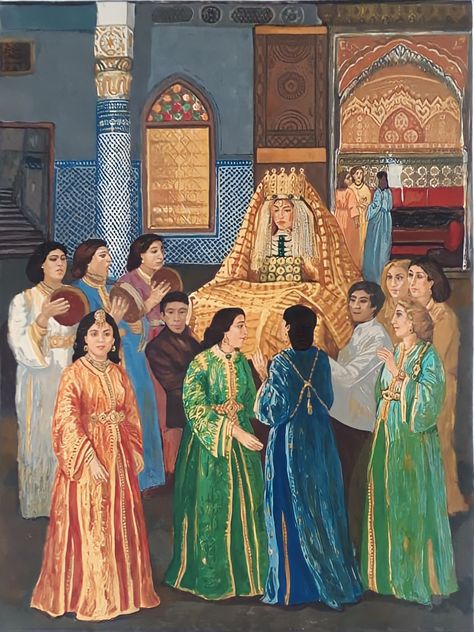 Mariage marocain d'époque avec femmes en tenues traditionnelles qui est le Caftan fait dans de riches étoffes - Moroccan Painting, Morocco Women, Caftan Moroccan, Art Marocain, Morocco Art, Moroccan Bride, Fes Morocco, Moroccan Aesthetic, Moroccan Clothing