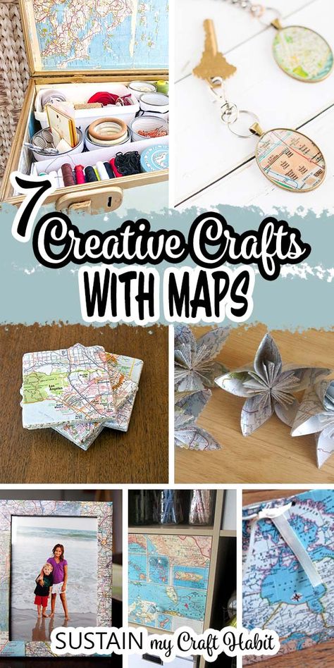 From home organization, gift ideas to decor and more find 7 different crafts to make with old maps! #upcycling #upcycled #sustainmycrafthabit Old Map Crafts, Crafts With Old Maps, Travel Crafts For Adults, Crafts With Maps, Map Diy Projects, Old Maps Crafts, Map Art Projects, Gis Maps, Creative Photo Gifts