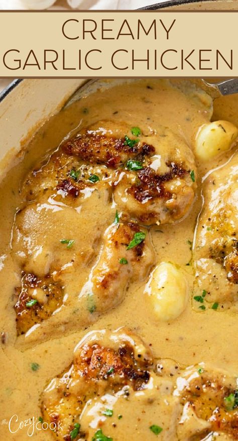 Garlic chicken in a creamy sauce with caramelized garlic chunks in the sauce Gourmet Chicken, Creamy Garlic Chicken, Garlic Chicken Recipes, Chicken Entrees, Gourmet Dinner, Chicken Dish, Favorite Chicken, Chicken Main Dishes, Dinner Entrees