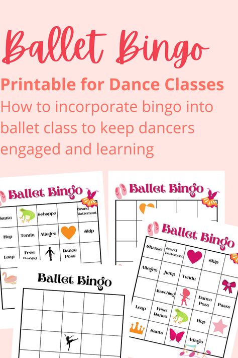 Use ballet bingo printable to keep dancers engaged and learning. Test their ballet terminology by playing ballet bingo! Great exercise for all ages, just modify to fit the group. Blank spaces available for the dance teacher or students to put in terminology they are working on. Great for dance classes and dance teacher lesson planning. Pin has light pink background and four different ballet bingo cards. Dance Lesson Plans Teachers, Dance Class Rules, Choreography Tips, Dance Lesson Plans, Dance Printables, Ballet Games, Dance Terminology, Dance Classroom, Ballet Terminology