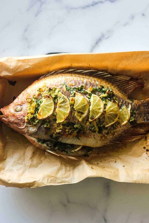 baked whole red tilapia Whole Tilapia Recipes Baked Fish, Whole Talipia Fish Recipes, Baked Whole Tilapia Recipes, Tilapia Pasta, Tilapia Grilled, Whole Tilapia Recipes, Ways To Cook Tilapia, Whole Tilapia, Steamed Tilapia