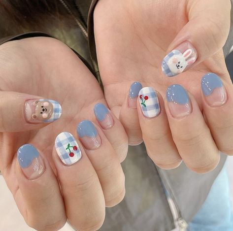 Cute Short Nail Art, Short Nail Art Ideas, Korea Nail Art, Short Nail Art, Korea Nail, Bears Nails, Cute Short Nails, Bunny Nails, Asian Nails